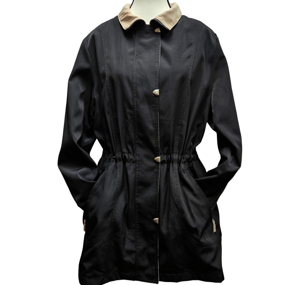 Nautica Womens Large Black Rain Jacket Drawstring Waist‎ Zip Snap Lightweight M